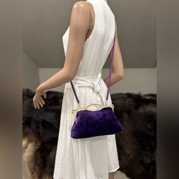 Purple Real Shearling Leather Double Kisslock & Top Handle Clutch with 2 Straps - Picture 9 of 16